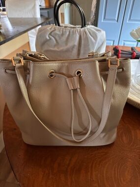 Quince Taupe Drawstring Shoulder Bag with Gold Hardware